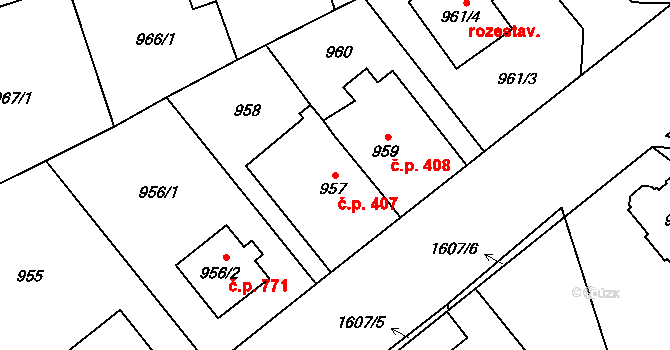 Řeporyje 407, Praha na parcele st. 957 v KÚ Řeporyje, Katastrální mapa
