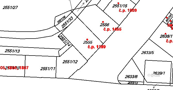 Strašnice 1189, Praha na parcele st. 2555 v KÚ Strašnice, Katastrální mapa