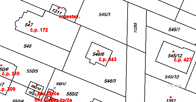 Slavonín 343, Olomouc na parcele st. 546/6 v KÚ Slavonín, Katastrální mapa