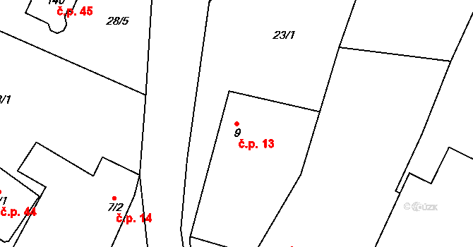 Líšnice 13 na parcele st. 9 v KÚ Líšnice u Mohelnice, Katastrální mapa