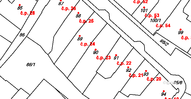 Chomutov 23 na parcele st. 90 v KÚ Chomutov I, Katastrální mapa