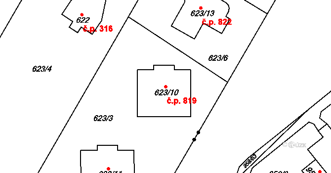 Bohnice 819, Praha na parcele st. 623/10 v KÚ Bohnice, Katastrální mapa