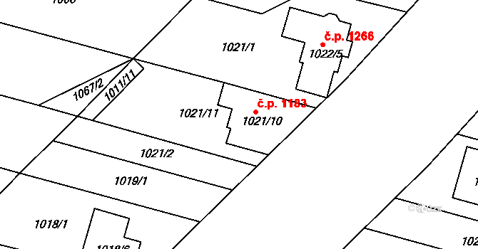 Mutěnice 1183 na parcele st. 1021/10 v KÚ Mutěnice, Katastrální mapa