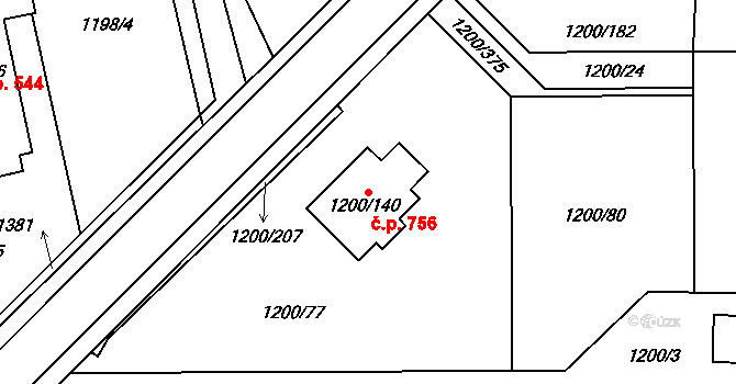 Vejprnice 756 na parcele st. 1200/140 v KÚ Vejprnice, Katastrální mapa