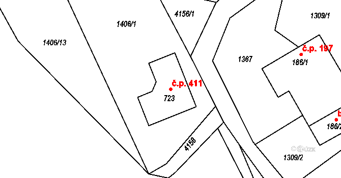 Čistá 411 na parcele st. 723 v KÚ Čistá u Litomyšle, Katastrální mapa