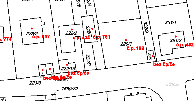 Troja 781, Praha na parcele st. 222/7 v KÚ Troja, Katastrální mapa