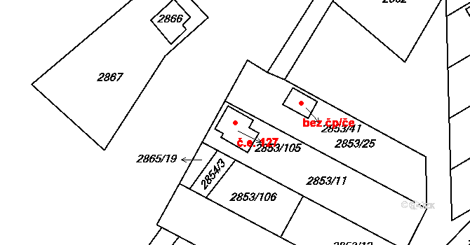 Lužice 127 na parcele st. 2853/105 v KÚ Lužice u Hodonína, Katastrální mapa