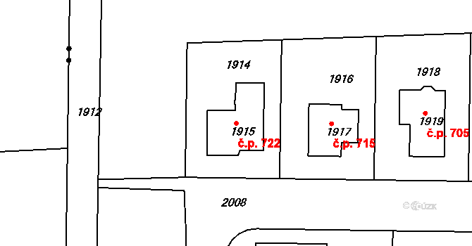 Dubeč 722, Praha na parcele st. 1915 v KÚ Dubeč, Katastrální mapa