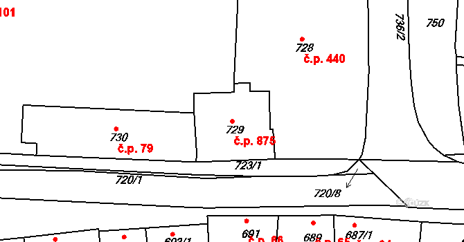 Klobouky u Brna 875 na parcele st. 729 v KÚ Klobouky u Brna, Katastrální mapa