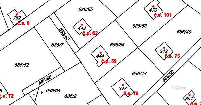 Halouny 59, Svinaře na parcele st. 444 v KÚ Svinaře, Katastrální mapa