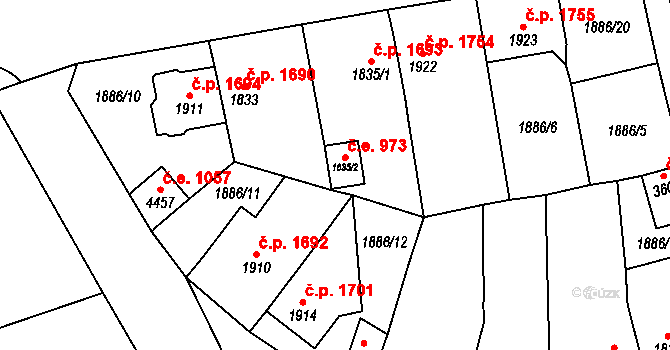 Aš 973 na parcele st. 1835/2 v KÚ Aš, Katastrální mapa