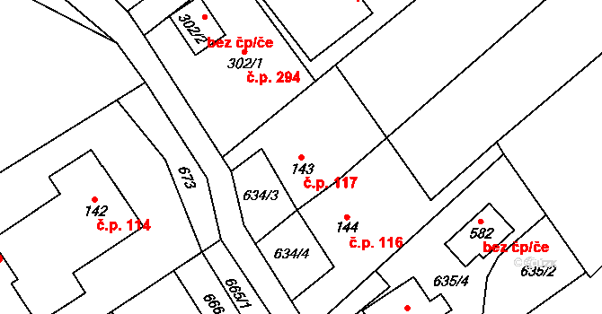 Nedvědice 117 na parcele st. 143 v KÚ Nedvědice pod Pernštejnem, Katastrální mapa