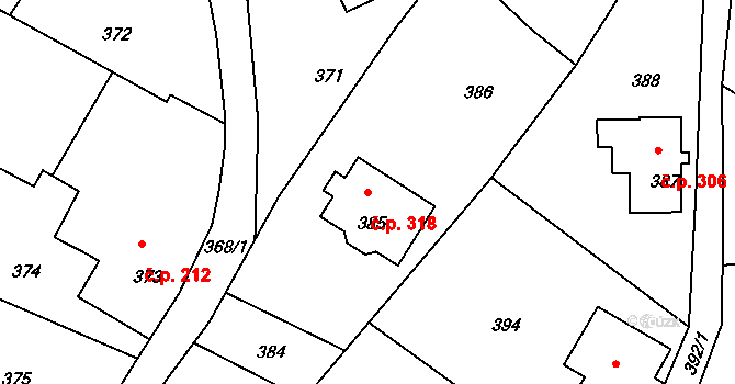 Dolní Chřibská 318, Chřibská na parcele st. 385 v KÚ Dolní Chřibská, Katastrální mapa