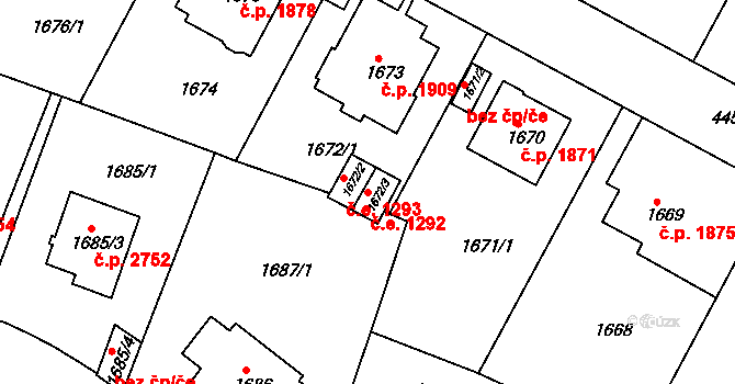 Teplice 1292 na parcele st. 1672/3 v KÚ Teplice, Katastrální mapa