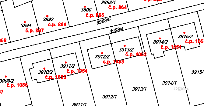 Vlčnov 1053 na parcele st. 3912/2 v KÚ Vlčnov, Katastrální mapa