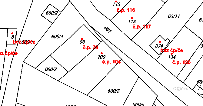 Braňany 104 na parcele st. 109 v KÚ Braňany, Katastrální mapa