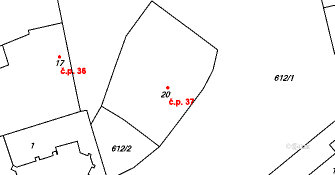 Rosice 37, Pardubice na parcele st. 20 v KÚ Rosice nad Labem, Katastrální mapa