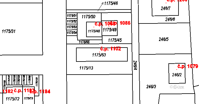 Vejprnice 1102 na parcele st. 1175/63 v KÚ Vejprnice, Katastrální mapa