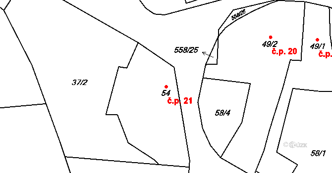 Bělov 21 na parcele st. 54 v KÚ Bělov, Katastrální mapa