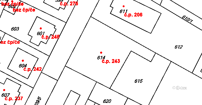 Rychlov 243, Bystřice pod Hostýnem na parcele st. 614 v KÚ Rychlov u Bystřice pod Hostýnem, Katastrální mapa