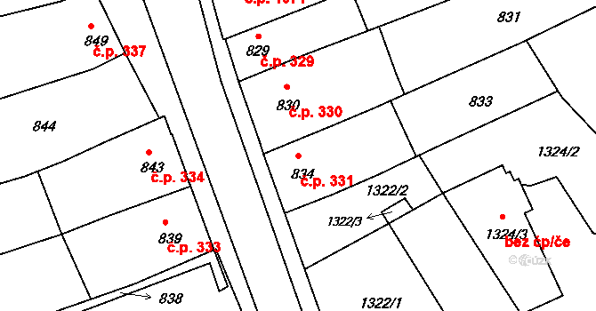 Holešov 331 na parcele st. 834 v KÚ Holešov, Katastrální mapa
