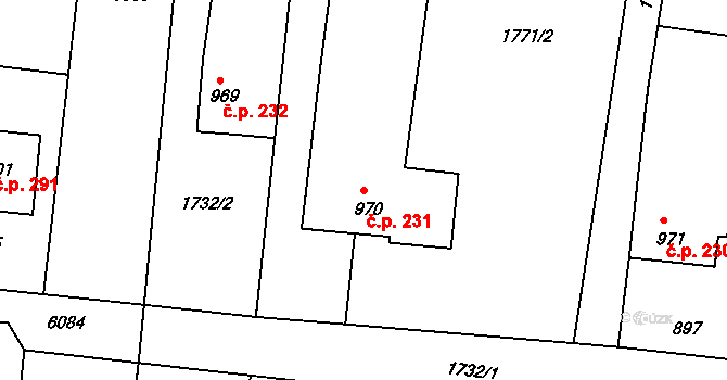 Dyjákovice 231 na parcele st. 970 v KÚ Dyjákovice, Katastrální mapa