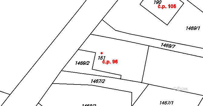 Malhotice 96 na parcele st. 151 v KÚ Malhotice, Katastrální mapa
