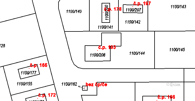 Podolí 193, Mohelnice na parcele st. 1100/208 v KÚ Mohelnice, Katastrální mapa
