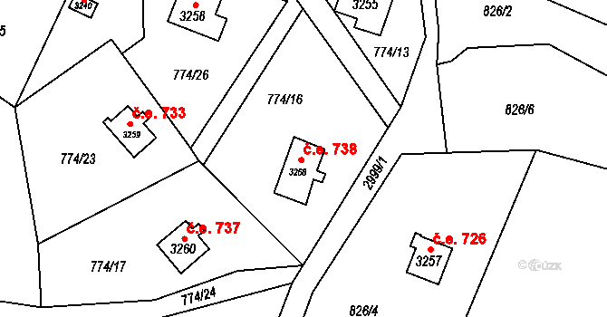 Ostravice 738 na parcele st. 3256 v KÚ Staré Hamry 2, Katastrální mapa