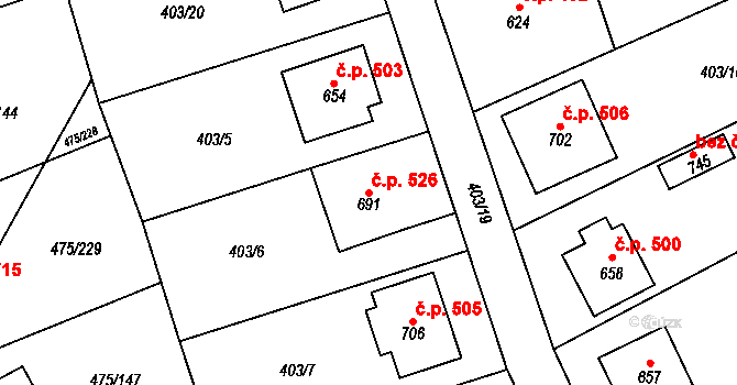 Dolní Bousov 526 na parcele st. 691 v KÚ Dolní Bousov, Katastrální mapa