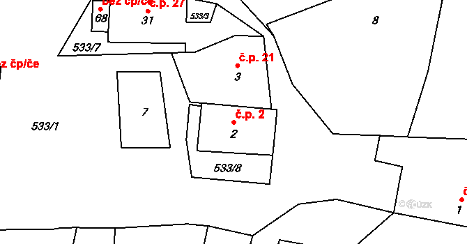 Čábuze 2, Vacov na parcele st. 2 v KÚ Čábuze, Katastrální mapa
