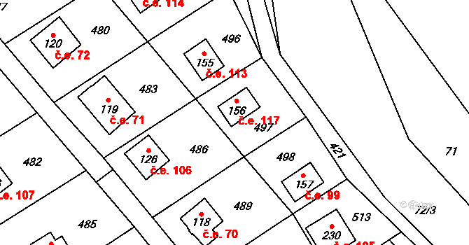 Litice nad Orlicí 117, Záchlumí na parcele st. 156 v KÚ Litice nad Orlicí, Katastrální mapa