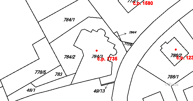 Braník 1735, Praha na parcele st. 784/3 v KÚ Braník, Katastrální mapa
