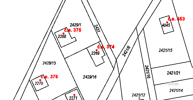 Česká Třebová 374 na parcele st. 2269 v KÚ Česká Třebová, Katastrální mapa