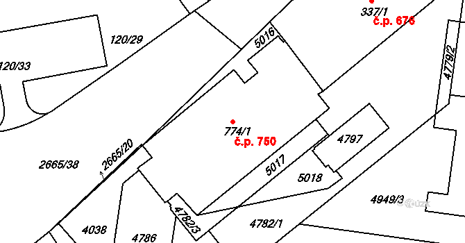Zelené Předměstí 750, Pardubice na parcele st. 774/1 v KÚ Pardubice, Katastrální mapa
