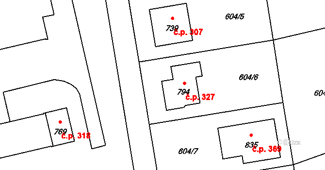 Chocerady 327 na parcele st. 794 v KÚ Chocerady, Katastrální mapa