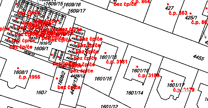Teplice 3181 na parcele st. 1601/16 v KÚ Teplice, Katastrální mapa