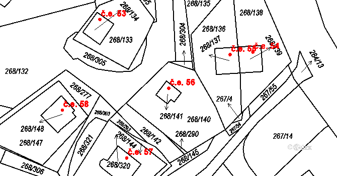 Tušimice 56, Kadaň na parcele st. 268/141 v KÚ Tušimice, Katastrální mapa