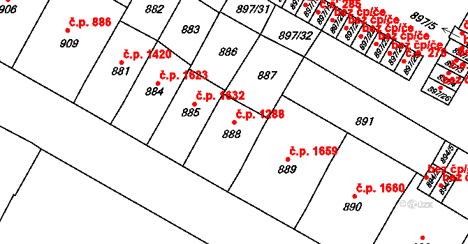 Předměstí 1288, Litoměřice na parcele st. 888 v KÚ Litoměřice, Katastrální mapa