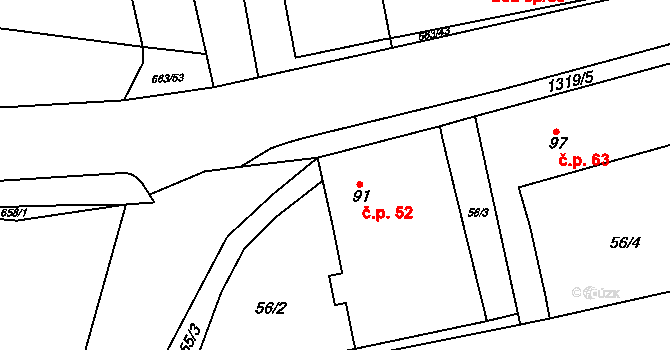 Ratměřice 52 na parcele st. 91 v KÚ Ratměřice, Katastrální mapa