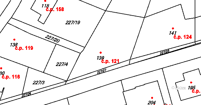 Mysločovice 121 na parcele st. 139 v KÚ Mysločovice, Katastrální mapa