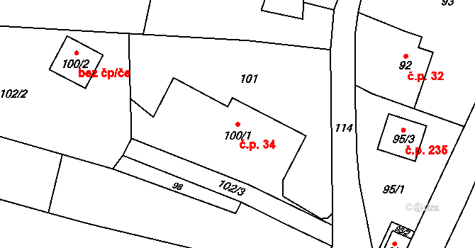 Děhylov 34 na parcele st. 100/1 v KÚ Děhylov, Katastrální mapa