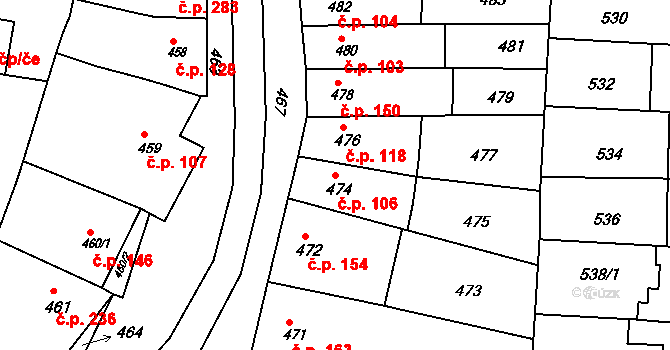 Hrušky 106 na parcele st. 474 v KÚ Hrušky u Brna, Katastrální mapa