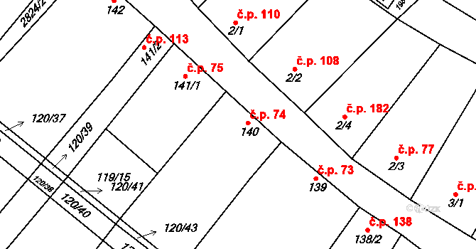Drysice 74 na parcele st. 140 v KÚ Drysice, Katastrální mapa