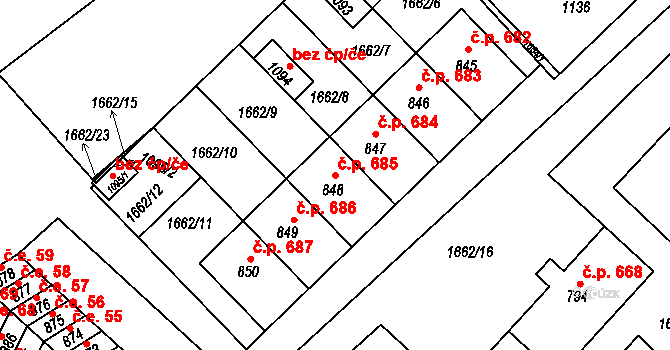 Boršice 685 na parcele st. 848 v KÚ Boršice u Buchlovic, Katastrální mapa