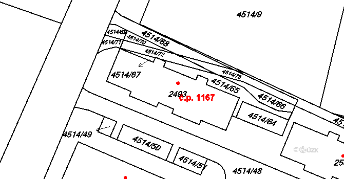 Vizovice 1167 na parcele st. 2493 v KÚ Vizovice, Katastrální mapa