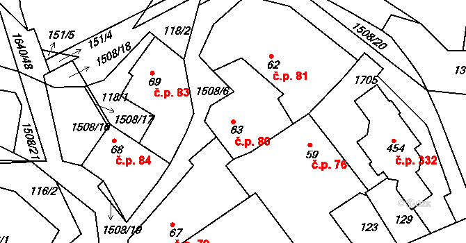 Rosice 80 na parcele st. 63 v KÚ Rosice u Chrasti, Katastrální mapa