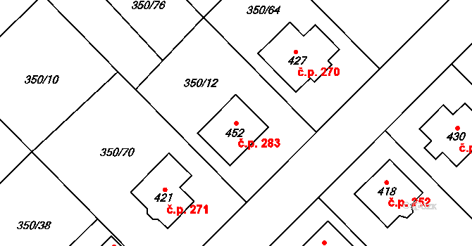 Příkazy 283 na parcele st. 452 v KÚ Příkazy, Katastrální mapa