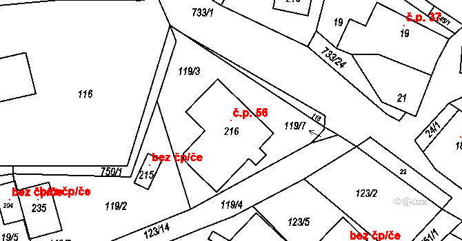 Rviště 56, Orlické Podhůří na parcele st. 216 v KÚ Rviště, Katastrální mapa