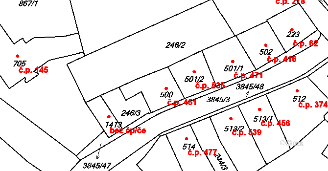 Trhové Sviny 451 na parcele st. 500 v KÚ Trhové Sviny, Katastrální mapa